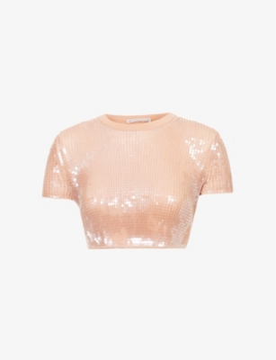 Alexander Wang Sequin-embellishment Cropped T-shirt In Flax