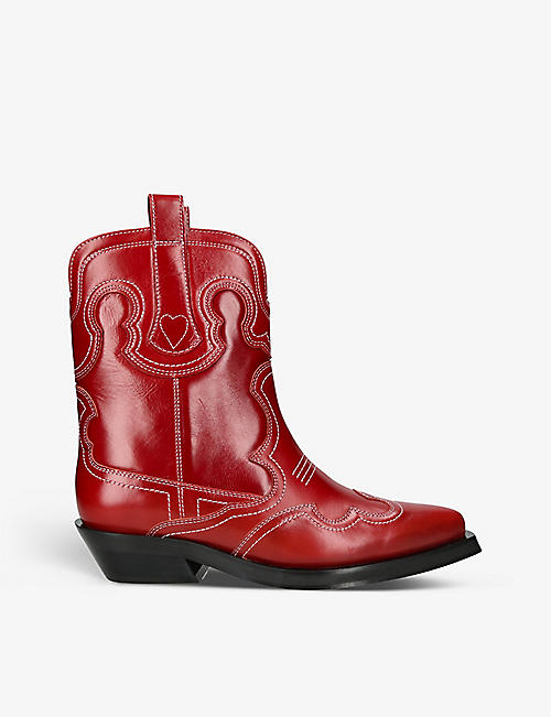 GANNI: Low contrast-stitch heeled leather western boots