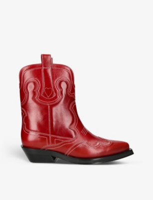 Ganni Womens Red Low Contrast-stitch Heeled Leather Western Boots