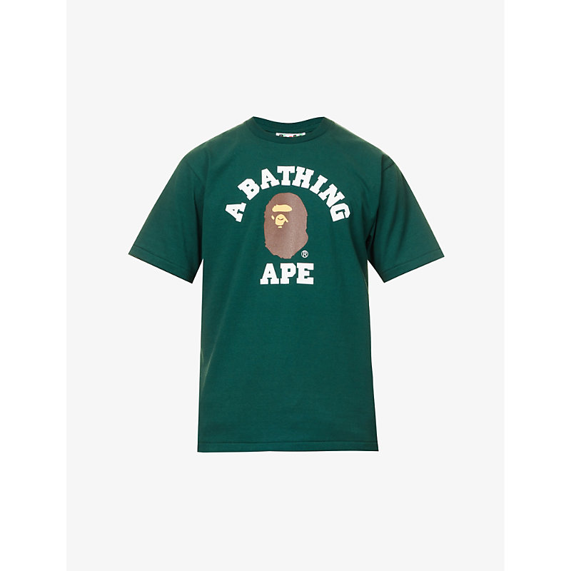A Bathing Ape Mens Green College Logo-print Cotton-jersey T-shirt
