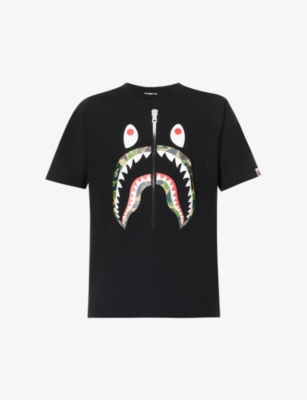 A Bathing Ape Mens Black Green Shark-print Brand-patch Cotton-jersey T-shirt
