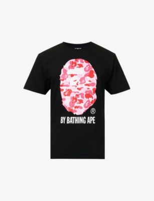 A Bathing Ape Shark-print Brand-patch Cotton-jersey T-shirt In Black Pink