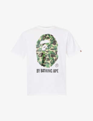 A Bathing Ape Mens White Green Shark-print Brand-patch Cotton-jersey T-shirt