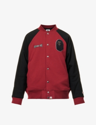 A BATHING APE: Brand-appliqué contrast-sleeve regular-fit cotton-jersey varsity jacket
