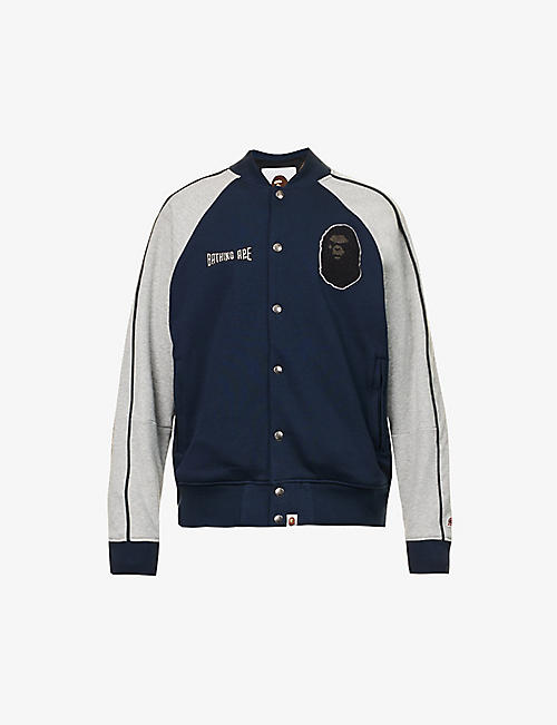 A BATHING APE: Brand-appliqué contrast-sleeve regular-fit cotton-jersey varsity jacket