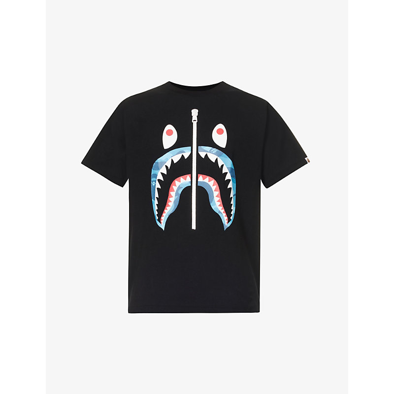 A Bathing Ape Mens Black Blue Shark-print Short-sleeved Regular-fit Cotton-jersey T-shirt