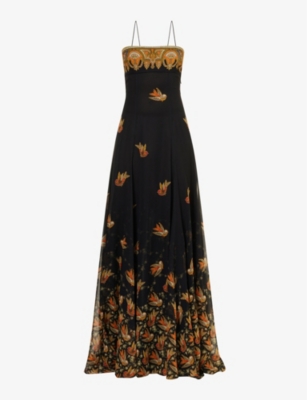 Etro Long Chiffon Dress With Birds In Black | ModeSens