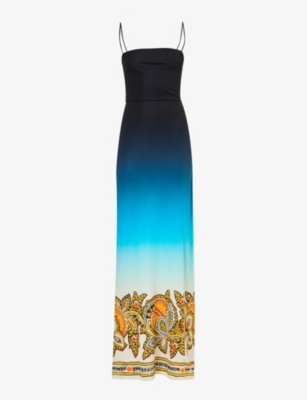 Etro Womens Light Blu Abstract-print Square-neck Woven Maxi Dress