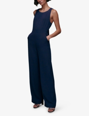 Womens Navy Tie-back Maxi Stretch-recycled Polyester-blend Jumpsuit