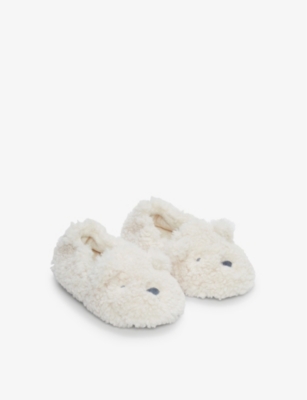 THE LITTLE WHITE COMPANY: Teddy Bear embroidered borg slippers 0-8 years