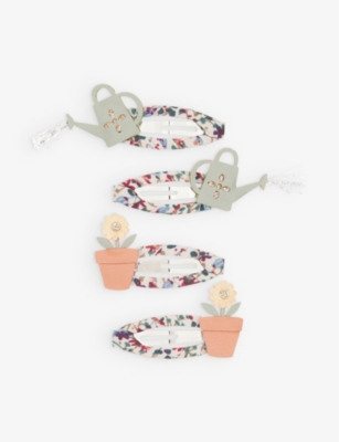Mimi & Lula Kids' Watering Can-appliqué Floral-print Set Of Four Ribbon Hair Clips In Multi