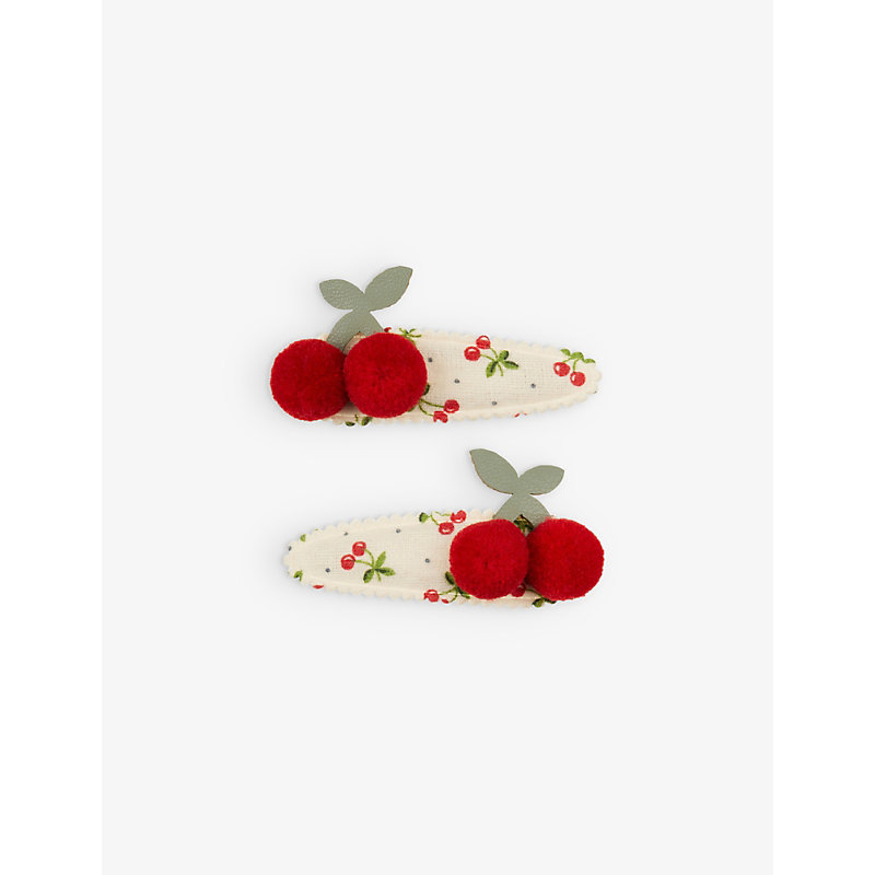 Mimi & Lula Kids' Sweet Pompom-embellished Cherry-print Set Of Two Hair Clips In Multi
