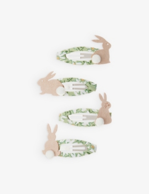 MIMI & LULA: Spring bunny-appliqué floral-print set of four ribbon hair clips