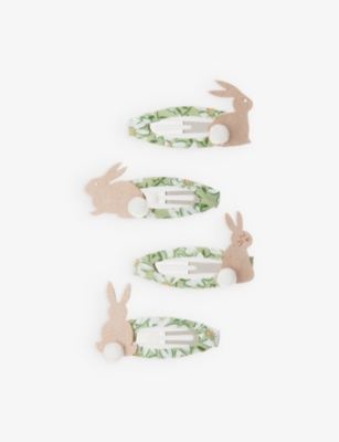 Mimi & Lula Girlskids Spring Bunny-appliqué Floral-print Set Of Four Ribbon Hair Clips In Multi
