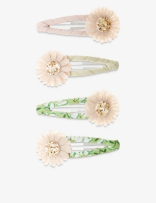 Mimi & Lula Girls Multi Kids Spring Floral-appliqué Glittered Set Of Four Ribbon Hair Clips