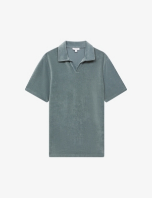 Reiss Mens Sage Harbour Ribbed Velour Polo Shirt In Sage