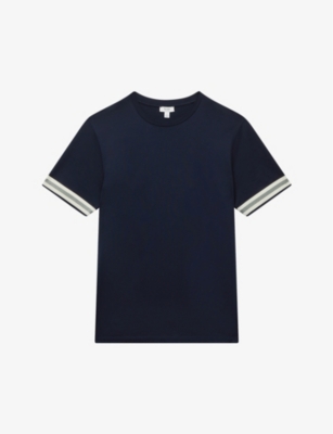 Reiss Mens Navy Dune Stripe-sleeve Slim-fit Cotton T-shirt