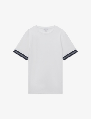 REISS REISS MEN'S WHITE DUNE STRIPE-SLEEVE SLIM-FIT COTTON T-SHIRT