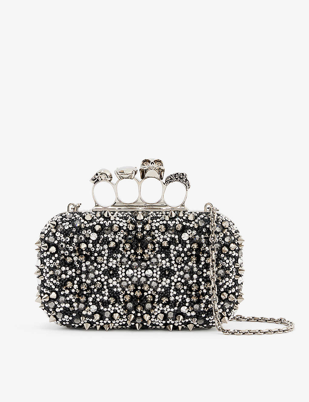 Alexander Mcqueen Womens Silver Black Four-ring Stud-embellished Leather Clutch Bag