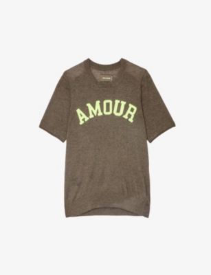 Zadig & Voltaire Ida Amour-slogan Cashmere T-shirt In Kaki