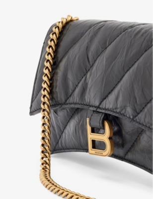 Shop Balenciaga Hourglass Crinkled-leather Shoulder Bag In Black/gold