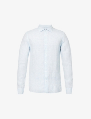 Orlebar Brown Giles Linen Textured Tailored Fit Button Down Shirt In Pale Blue/white