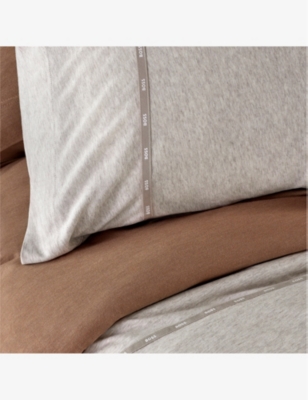 Shop Hugo Boss Boss Natural Sense Logo-print Ribbon Cotton-jersey Blend Duvet Cover In Cream