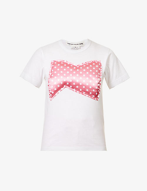 COMME DES GARCONS GIRL: Bow-embellished ribbed-trim cotton-jersey T-shirt