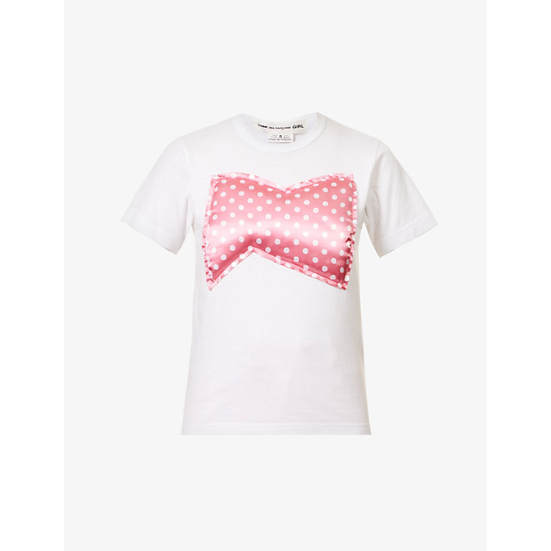 COMME DES GARCONS GIRL COMME DES GARCONS GIRL WOMEN'S WHITE PINK BOW-EMBELLISHED RIBBED-TRIM COTTON-JERSEY T-SHIRT,65221496