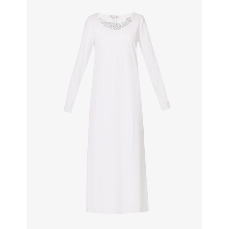 HANRO HANRO WOMEN'S WHITE PAOLA LACE-TRIMMED LONG-SLEEVED COTTON-JERSEY NIGHT DRESS,65224510