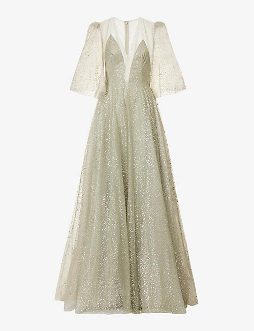 COSTARELLOS: Amare glitter-embellished semi-sheer woven maxi dress