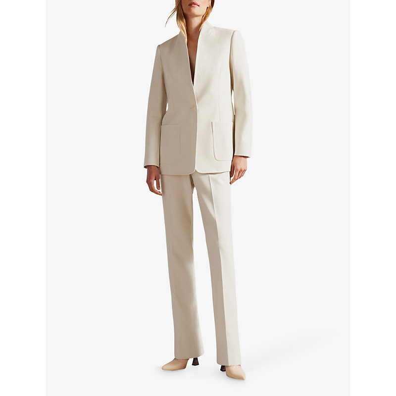 Shop Ted Baker Ambero Single Breasted Collarless Stretch-woven Blazer In Natural