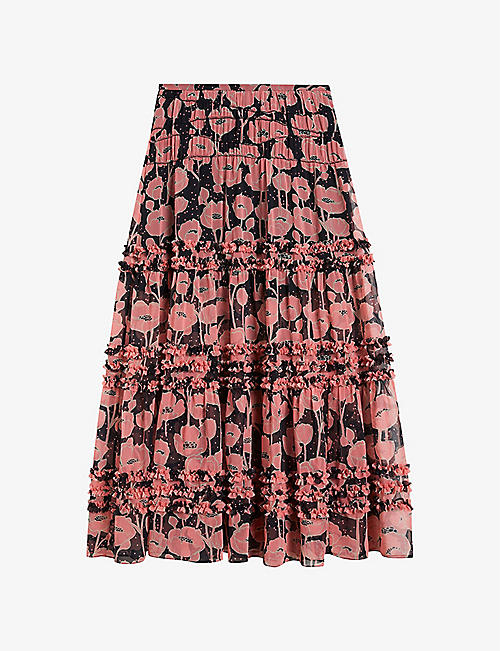 TED BAKER: Allesaa floral-print tiered recycled-polyester maxi skirt
