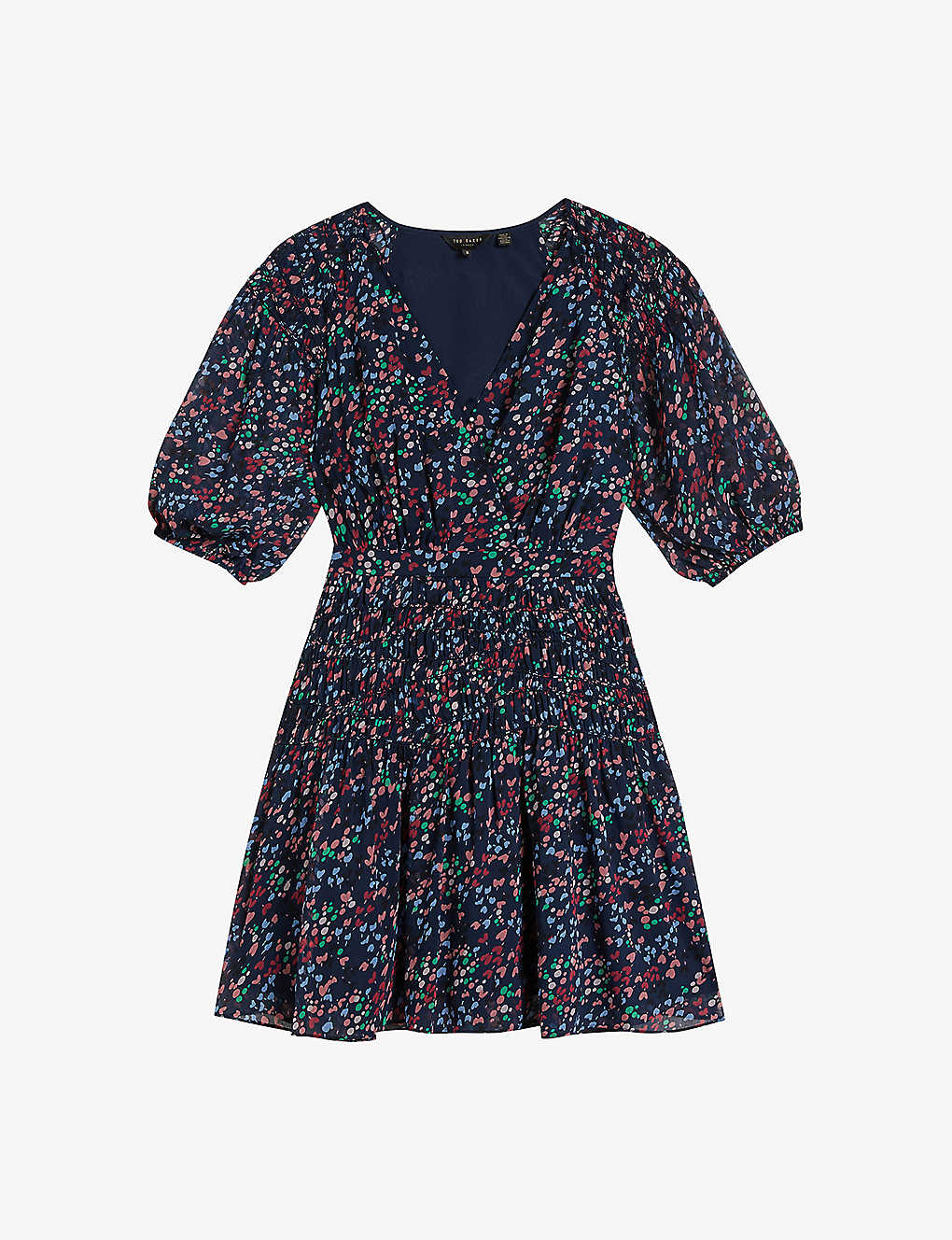 Shop Ted Baker Casadee Graphic-print Wrap-effect Recycled-polyester Mini Dress In Blue