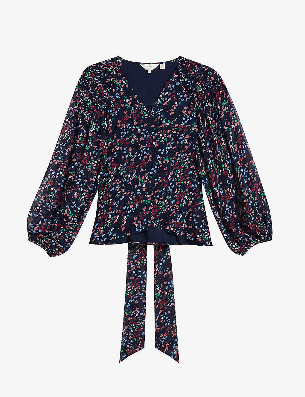 Shop Ted Baker Tariaa Graphic-print Balloon-sleeved Recycled-polyester Wrap Blouse In Blue