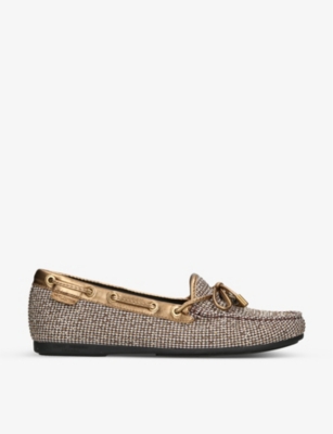 Shop Kurt Geiger London Women's Beige Eagle Bow-embellished Houndstooth Woven Moccasins