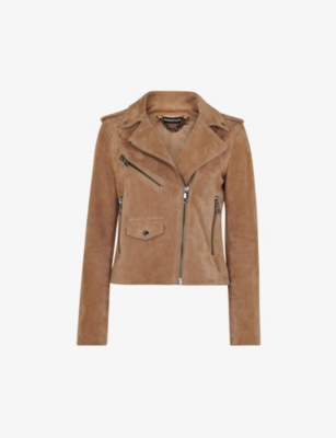 Whistles Womens Tan Agnes Slim-fit Suede Biker Jacket