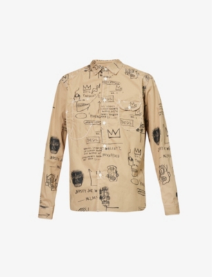 Junya Watanabe Cotton Shirt With Curved Hem And Graphic Print In Beige