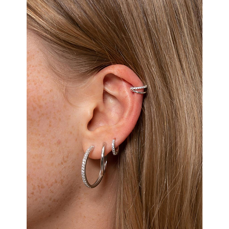 Shop Astrid & Miyu Women's Rhodium Double-band Mini Sterling-silver And Cubic Zirconia Single Ear Cuff