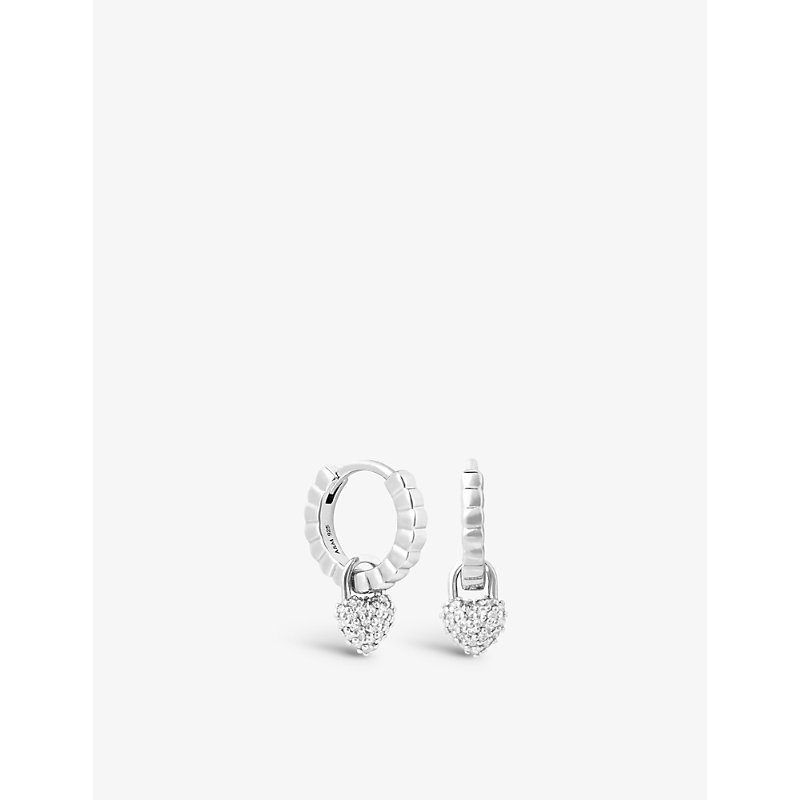 Astrid & Miyu Heart-charm Sterling-silver And Cubic Zirconia Huggie Earrings In Rhodium