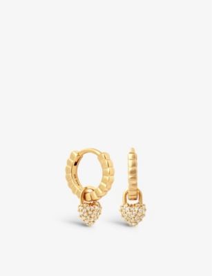 Astrid & Miyu Heart-charm 18ct Yellow Gold-plated Sterling-silver And Cubic Zirconia Huggie Earrings In 18ct Gold