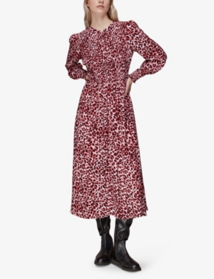 Shop Whistles Women's Multi-coloured Animal-print Puff-sleeved Woven Midi Dress