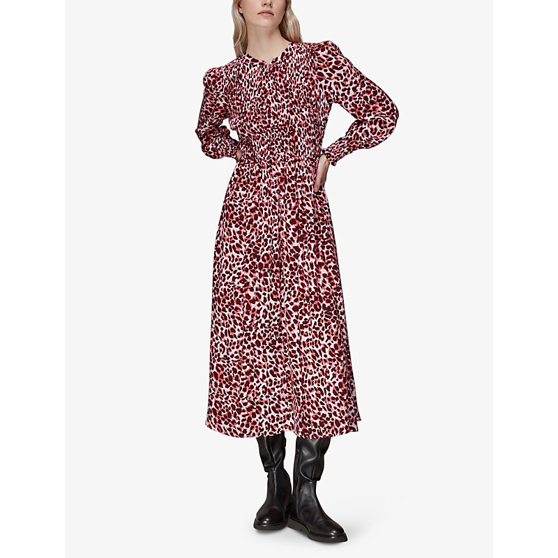 Shop Whistles Womens Multi-coloured Animal-print Puff-sleeved Woven Midi Dress
