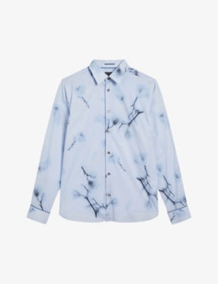 Shop Ted Baker Men's Sky-blue Louth Floral-print Long-sleeved Cotton Shirt