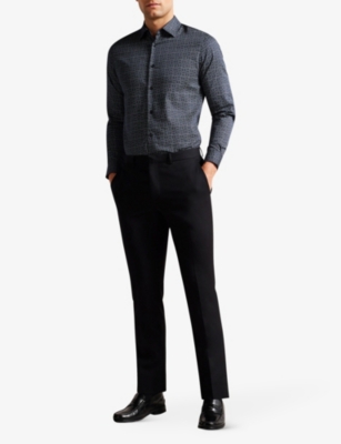Shop Ted Baker Men's Vy Andover Geometric-print Long-sleeved Stretch-cotton Shirt In Navy