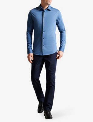 Shop Ted Baker Men's Mid-blue Marros Long-sleeved Cotton-jersey Shirt