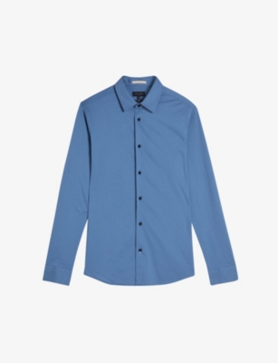Ted Baker Mens Mid-blue Marros Long-sleeved Cotton-jersey Shirt