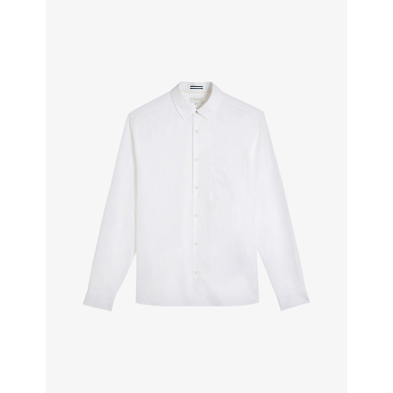 Ted Baker Mens White Kingwel Long-sleeved Linen And Cotton-blend Shirt