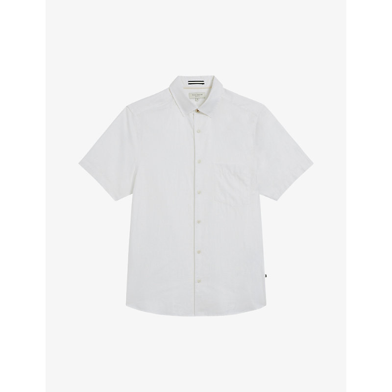 Ted Baker Mens White Knigfrd Regular-fit Short-sleeve Linen-blend Shirt