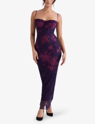 Shop House Of Cb Womens Grape Aiza Floral-print Stretch-mesh Woven Maxi Dress